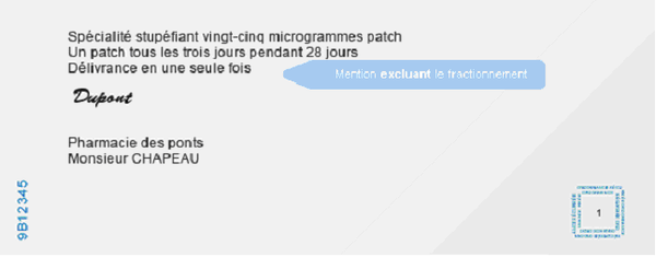 Extrait d\'une ordonnance de médicament stupéfiant où le fractionnement est exclu